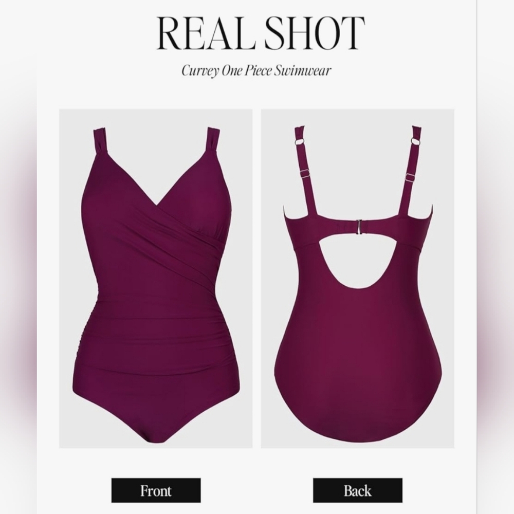 3XL Women‘s Swimsuit Plus Size Tummy Control V Neck Wine Color - Picture 5 of 7